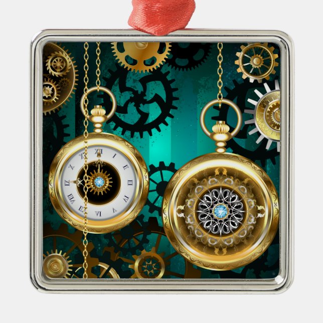 Adorno Metálico Steampunk Jewelry Watch sobre un fondo verde (Frente)