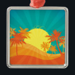 Adorno Metálico Sunset Beach diseño de surf tropical retro<br><div class="desc">Con el diseño de una playa tropical retro al atardecer con palmeras. Este surf de diseño está decorado en tonos rojos,  naranjas y amarillos y recuerda a un balneario tropical en verano. Para los amantes del sol,  el surf,  la arena y las puestas de sol tropicales.</div>