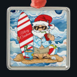 Adorno Metálico Surfboard Santa Christmas Ornament<br><div class="desc">ornamento de surf santa christmas</div>