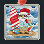 Adorno Metálico Surfboard Santa Christmas Ornament<br><div class="desc">ornamento de surf santa christmas</div>