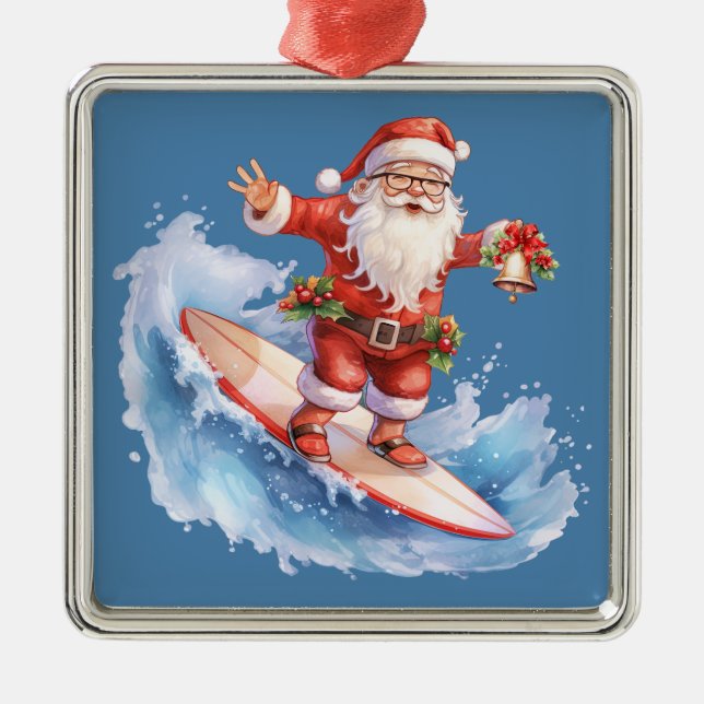 Adorno Metálico Surfing Santa Ornament (Frente)