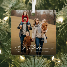 Adorno Metálico Sylish White Script Christmas Family Photo Name