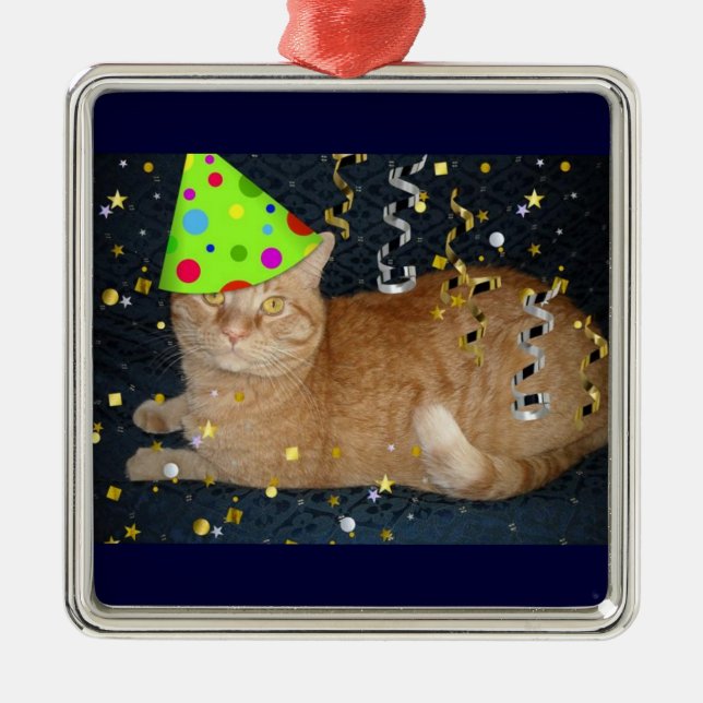 Adorno Metálico Tabby Cat Naranja de la fiesta de cumpleaños (Frente)