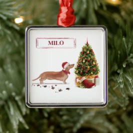 Adorno Metálico Tan Dachshund graciosos Navidades perro con árbol