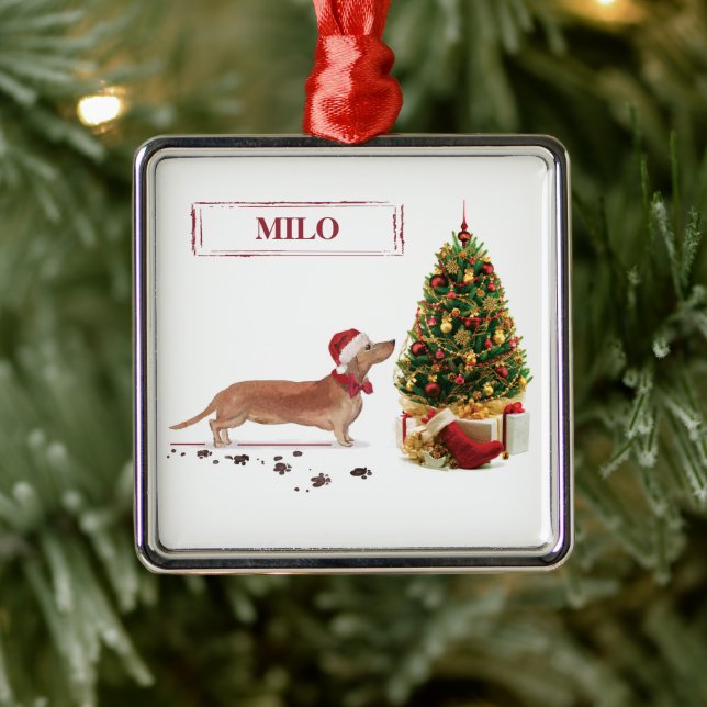 Adorno Metálico Tan Dachshund graciosos Navidades perro con árbol (Árbol)
