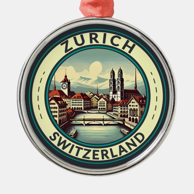 Adorno Metálico Tarjeta de arte de viajes Zurich Suiza Ilustracion (Frente)