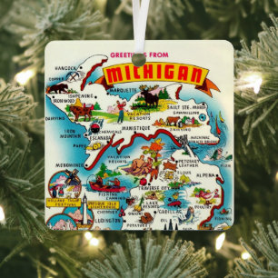 Adorno Metálico Tarjeta postal de mapa vintage colorido de Michiga