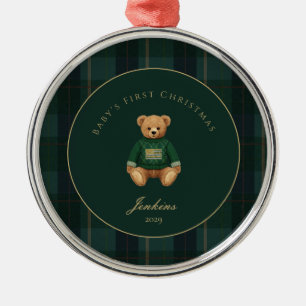 Adorno Metálico Tartan Plaid Verde Oscuro Primer Navidad del Bebe