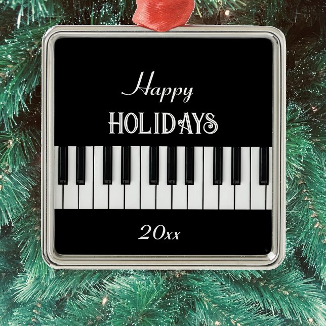 Adorno Metálico Teclado de piano y texto de personalizable en blan (piano keyboard customizable Christmas decor )