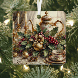 Adorno Metálico Tetera Vintage Elegante y Floral Navideño