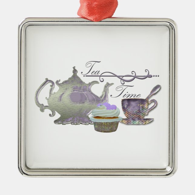 Adorno Metálico ¡Tiempo del té! Tetera de la lila, taza de té y (Frente)
