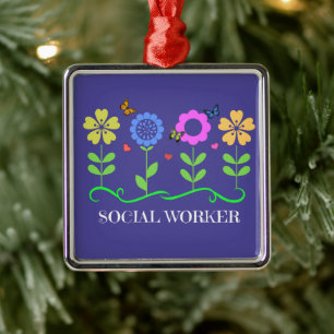 Adorno Metálico "Trabajador social", flores gráficas de primavera,