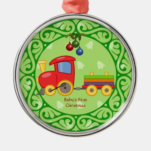 Adorno Metálico Tren de juguetes, primera Navidad de bebé (Frente)