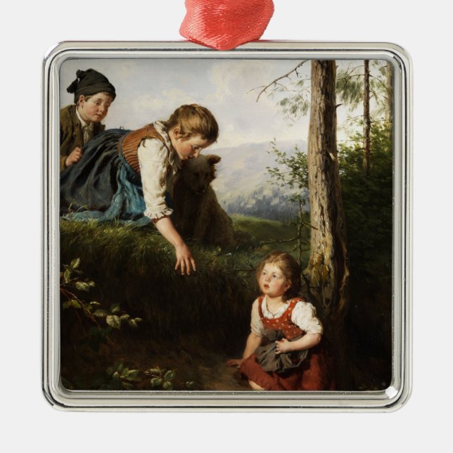 Adorno Metálico Tres niños recogiendo cerezas silvestres en el bos (Frente)