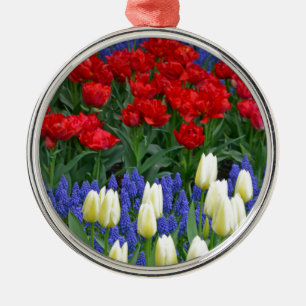 Adorno Metálico Tulipanes de primavera rojos y blancos