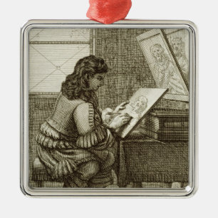 Adorno Metálico Un artista que copia sobre una placa del grabado,