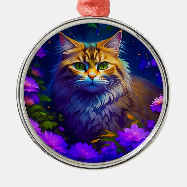 Adorno Metálico Un gato Naranja lindo sentado en flores moradas (Frente)