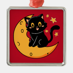 Adorno Metálico Un gato negro lindo sentado en la luna