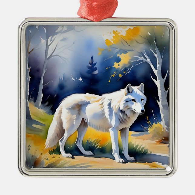 Adorno Metálico Un lobo en una pintura de la acuarela del bosque (Frente)