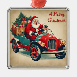 Adorno Metálico Un Papá Noel Feliz de Navidad en un auto rojo
