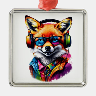Adorno Metálico Un zorro con audífonos y gafas