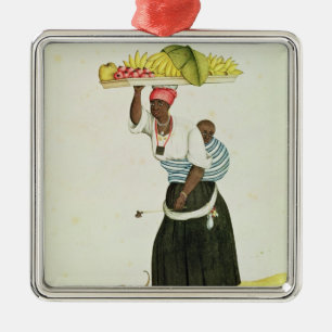 Adorno Metálico Una mujer que lleva una bandeja de fruta en su