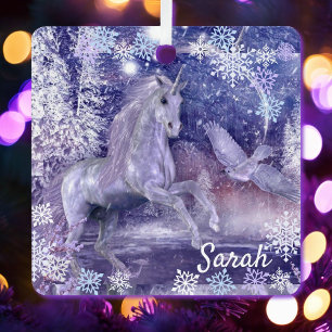 Adorno Metálico Unicornio y Nieve Agregar Nombre Lavanda