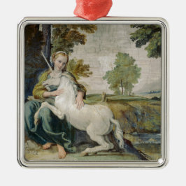 Adorno Metálico Unicornio y una joven mujer (por Domenichino)
