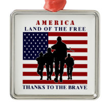 USA Flag and Soldiers Silver Ornament