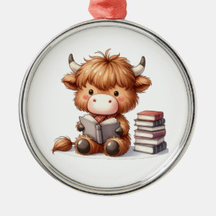 Adorno Metálico Vaca de las Tierras Altas leyendo libros