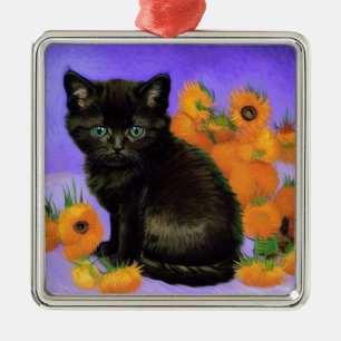 Adorno Metálico Van Gogh Black Kitten con girasoles