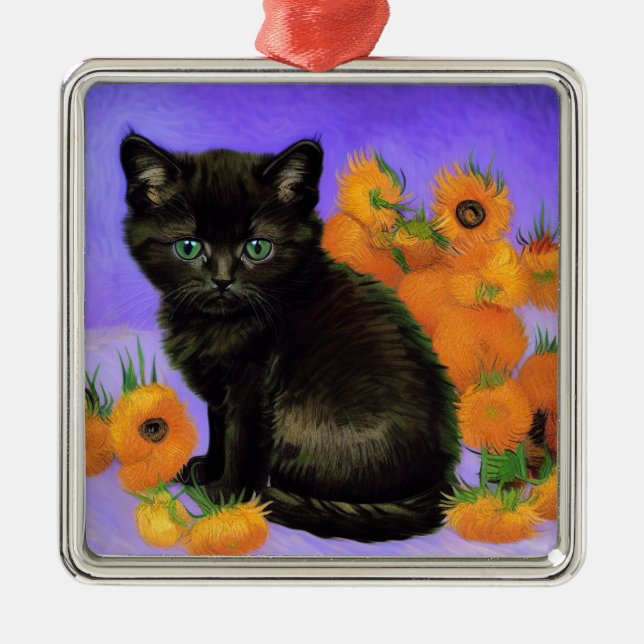 Adorno Metálico Van Gogh Black Kitten con girasoles (Frente)