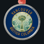 Adorno Metálico Vancouver Canada Space Needle Retro con problemas<br><div class="desc">Diseño de viaje vectorial retro de Vancouver. Vancouver,  un vibrante puerto marítimo de la costa oeste de la Columbia Británica,  es una de las ciudades más densas y étnicamente más diversas de Canadá.</div>