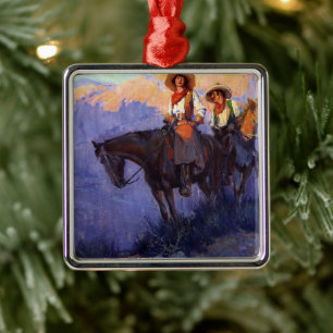 Adorno Metálico Vaqueros antiguos, hombre y mujer en caballos, And