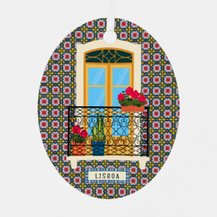 Adorno Metálico Ventana de la casa de Lisboa con plantas y azulejo