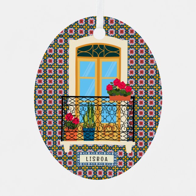 Adorno Metálico Ventana de la casa de Lisboa con plantas y azulejo (Anverso)