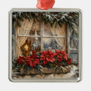 Adorno Metálico Ventana de Navidad con Poinsettia Nevada