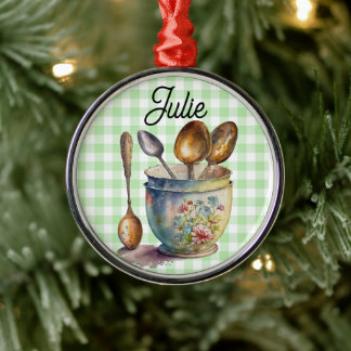 Adorno Metálico "Verde y Blanco Cuadriculado - Cucharas en Taza