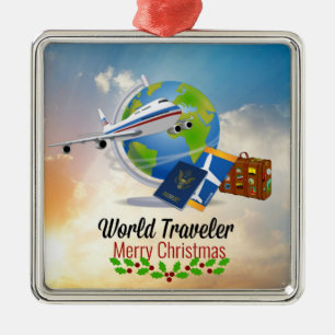 Adorno Metálico Viajero del mundo, Feliz Navidad,
