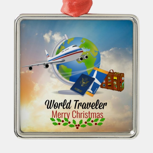 Adorno Metálico Viajero del mundo, Feliz Navidad, (Frente)