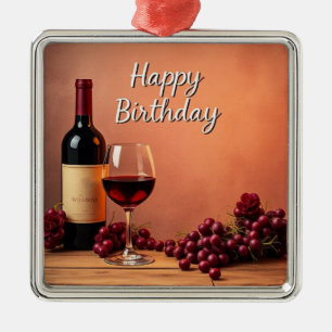Adorno Metálico Viñedo Elegante Feliz Cumpleaños Vino y Uvas