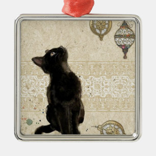 Adorno Metálico Vintage Christmas Black Cat Looking At Ornaments