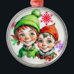 Adorno Metálico Vintage Christmas Boy y Chicas Elves<br><div class="desc">Ornamento navideño de bonito con elfos retro adorables. Fondo de copas de nieve en rojo,  verde y morado.</div>