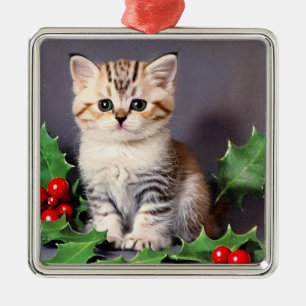 Adorno Metálico Vintage Christmas Kitten and Holly