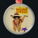 Adorno Metálico Vintage Miami Beach<br><div class="desc">Anuncio de turismo de Miami vintage - Avión,  mujer en la playa,  sol y arena</div>