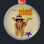 Adorno Metálico Vintage Miami Beach<br><div class="desc">Anuncio de turismo de Miami vintage - Avión,  mujer en la playa,  sol y arena</div>