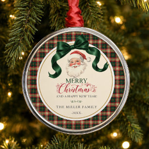Adorno Metálico Vintage Santa Cuadros Feliz Navidad Preppy