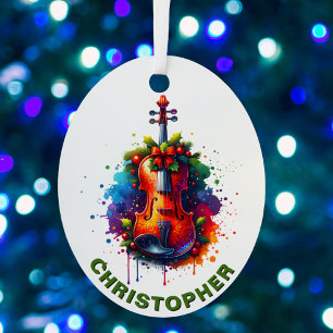 Adorno Metálico Violin Fiddle de Navidad con Nombre Personalizado