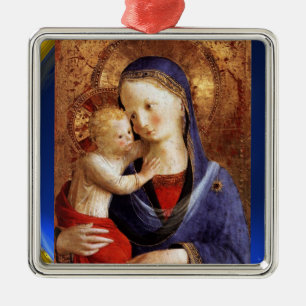 Adorno Metálico VIRGEN CON NIÑO ,Zafiro azul