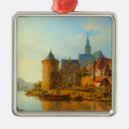 Adorno Metálico Vista de un pueblo holandés a lo largo del río Rin